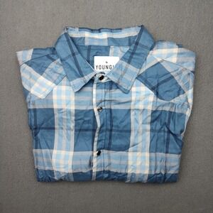 Youngla Shirt Mens Large Blue Plaid Pearl Snap Western Viscose Work School Tech
